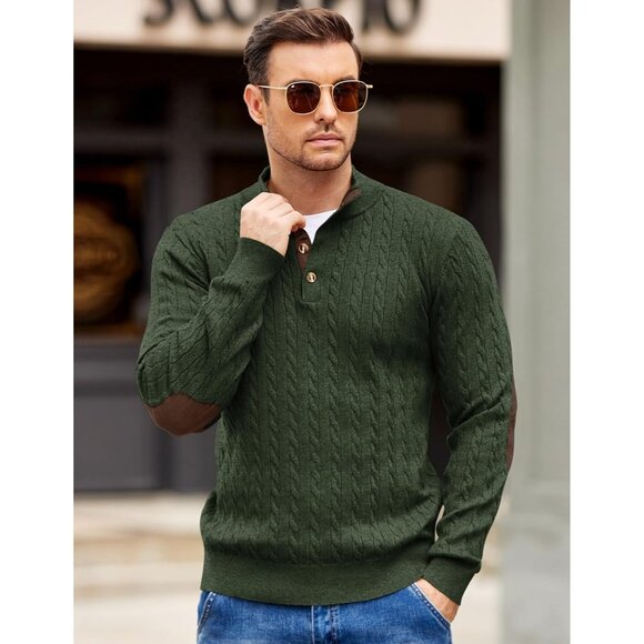 Men's Cable Knitted Pullover Sweaters Long Sleeve Stand Collar Button Up Green - Picture 2 of 6